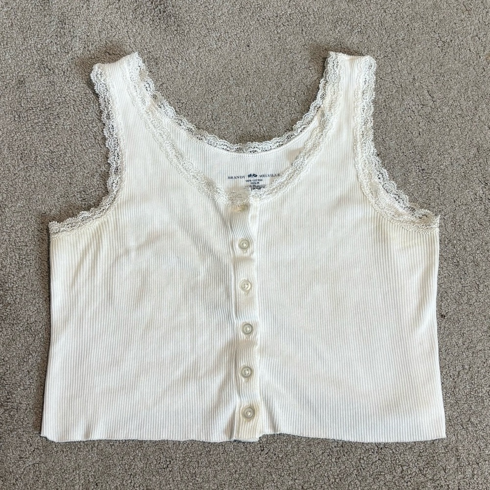 Brandy Melville Cropped Button Up White Tank with Lace Trim